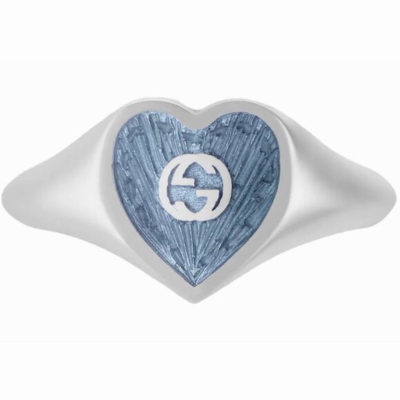 NEW Gucci Blue Enamel Heart Ring Interlocking G Sterling Silver Sz 16 IT 7.5 US